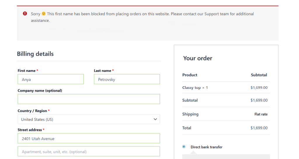 WooCommerce Fraud Prevention Plugin - First Name Restriction