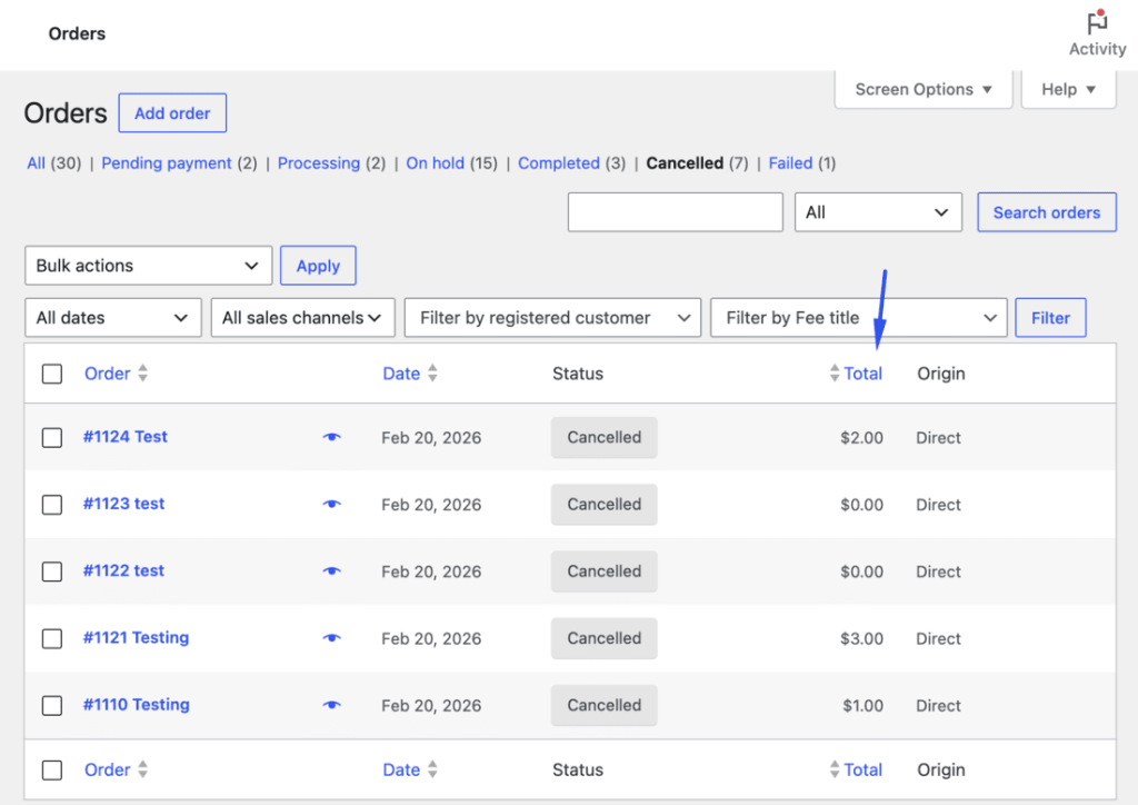 WooCommerce orders screen filtered to failed orders showing card-testing pattern