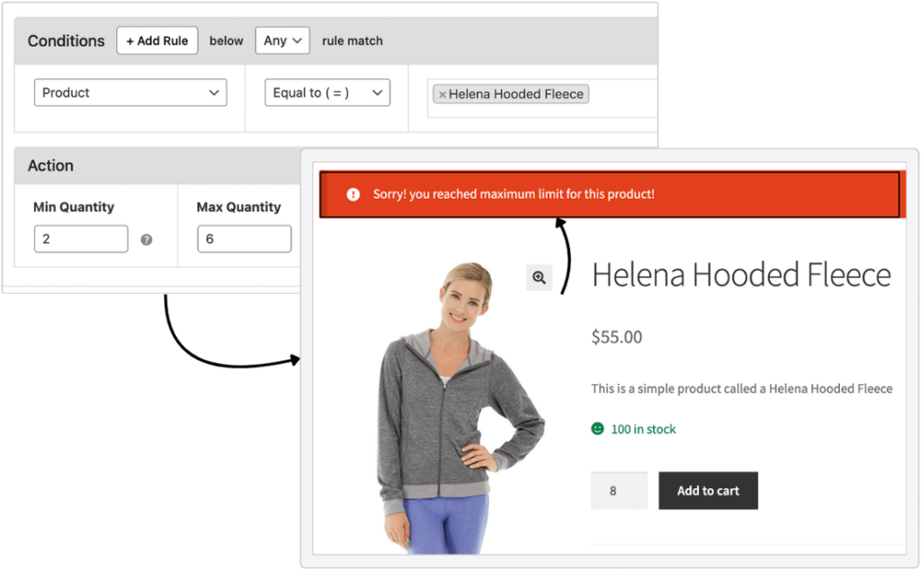 Define minimum and maximum quantities for each product