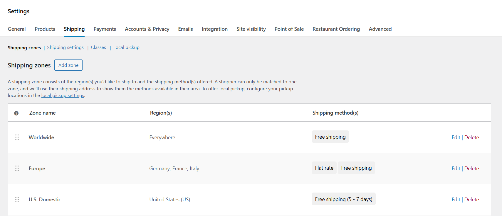 WooCommerce shipping - default settings 1