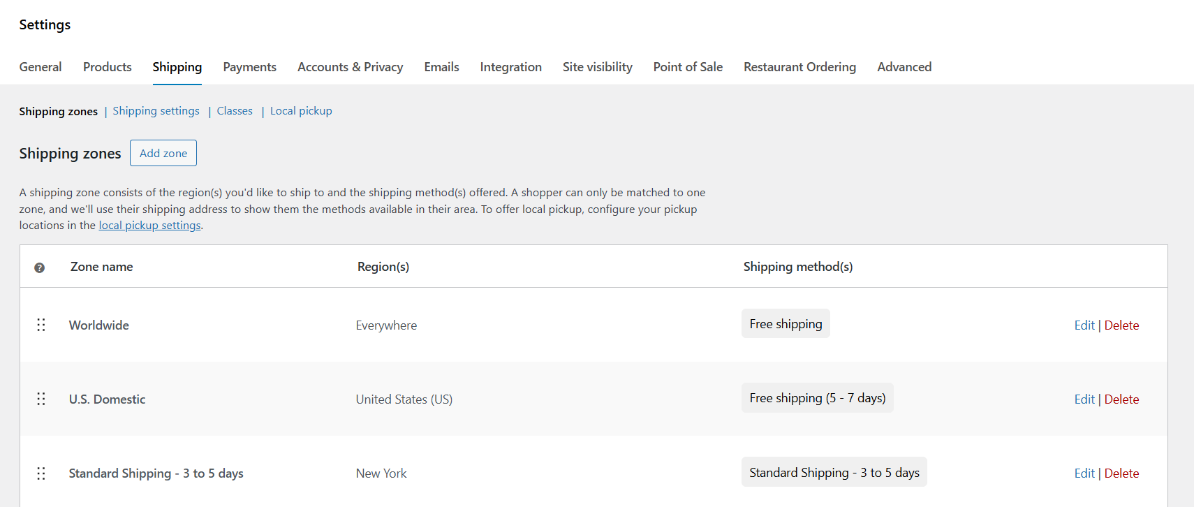 WooCommerce shipping - default settings 2