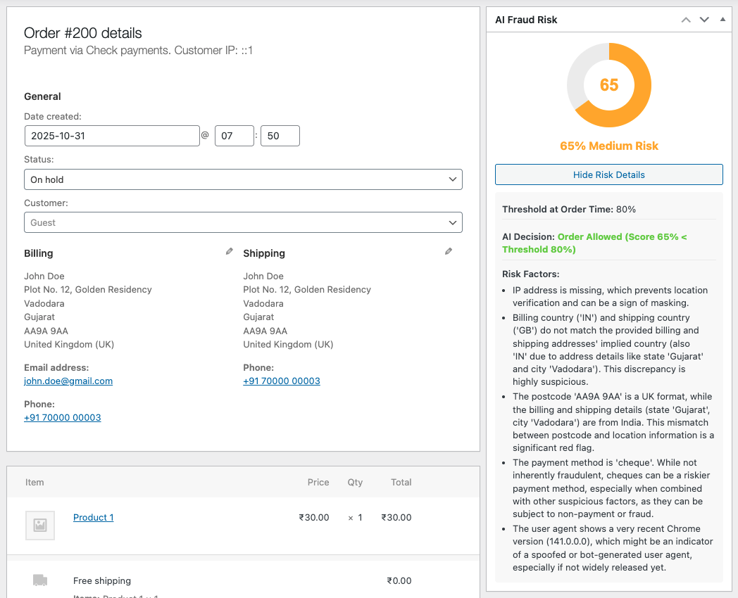 WooCommerce Order with medium risk