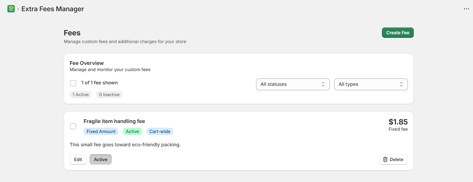 Dotstore Extra Fees Manager Shopify app - create fee