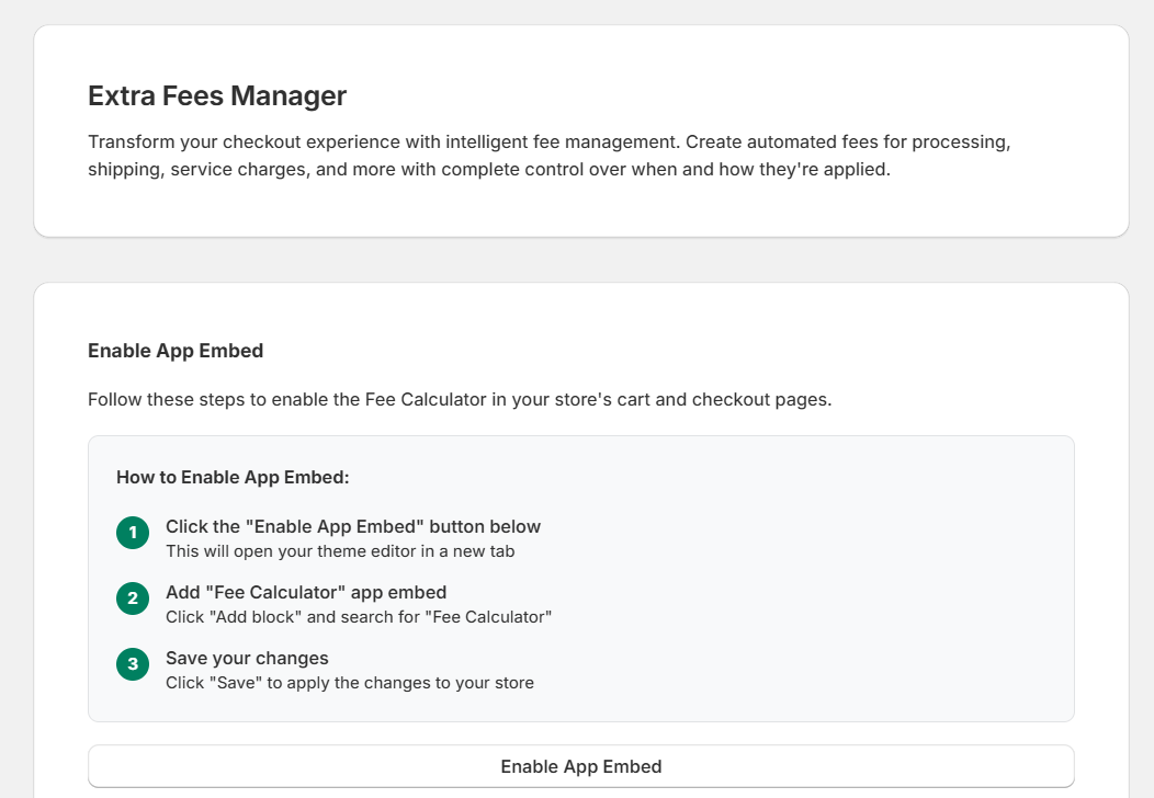 Shopify - Enable App Embed panel