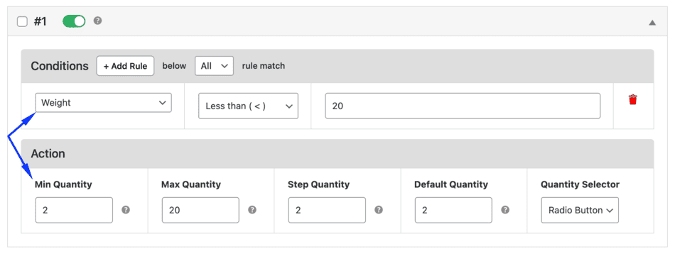 Weight-based rule condition setup