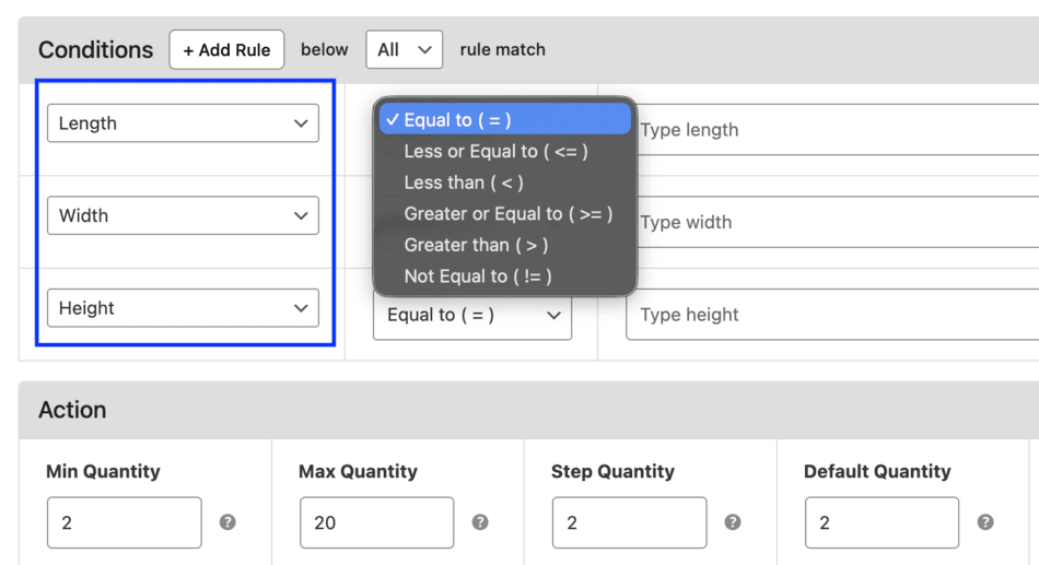 Dimension-based rule condition setup