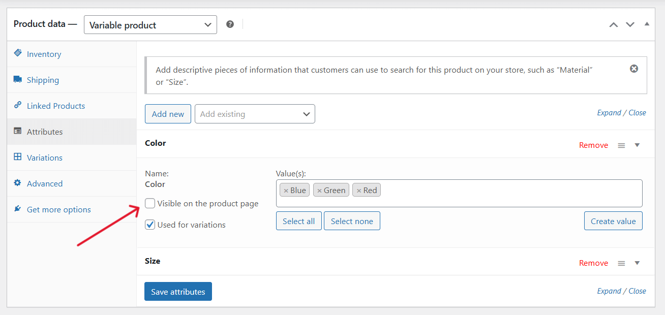 WooCommerce additional information - attributes tab 2