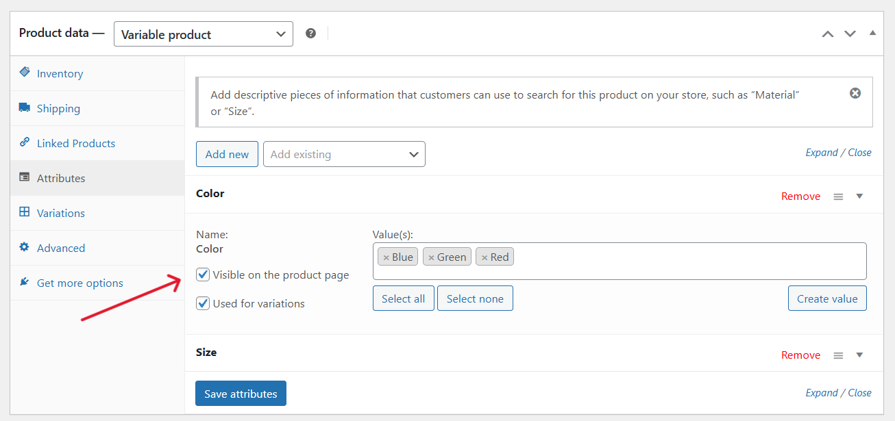 WooCommerce additional information - attributes tab