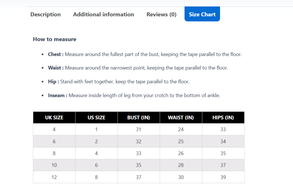 WooCommerce product size charts plugin - 1