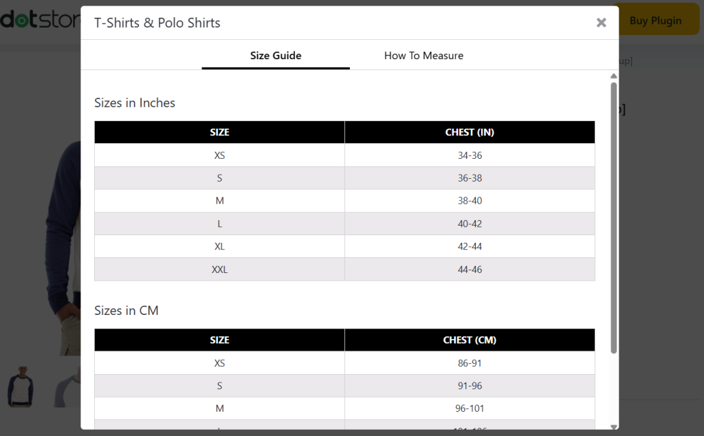 WooCommerce product size charts plugin - 2