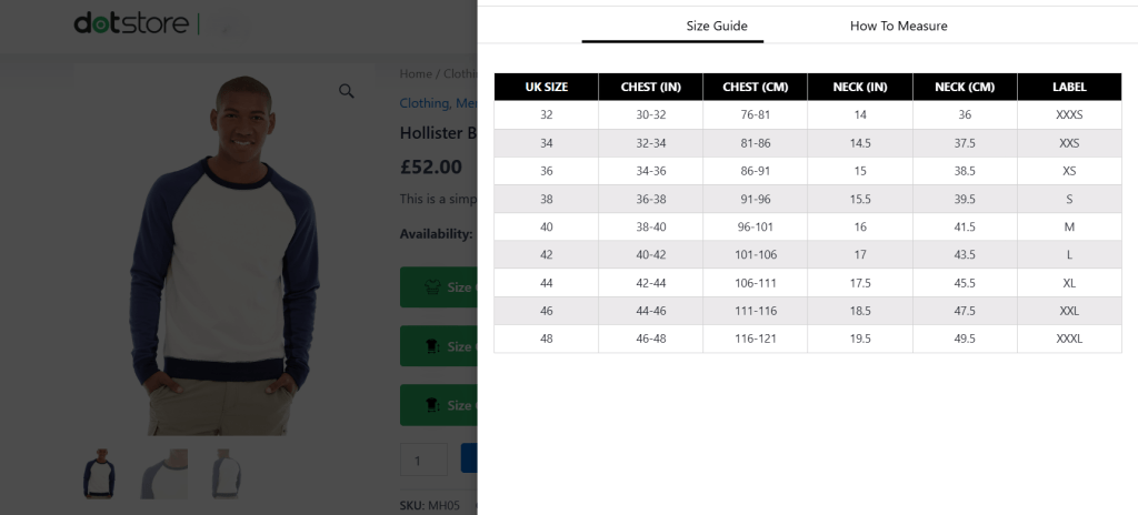 WooCommerce product size charts plugin - 3