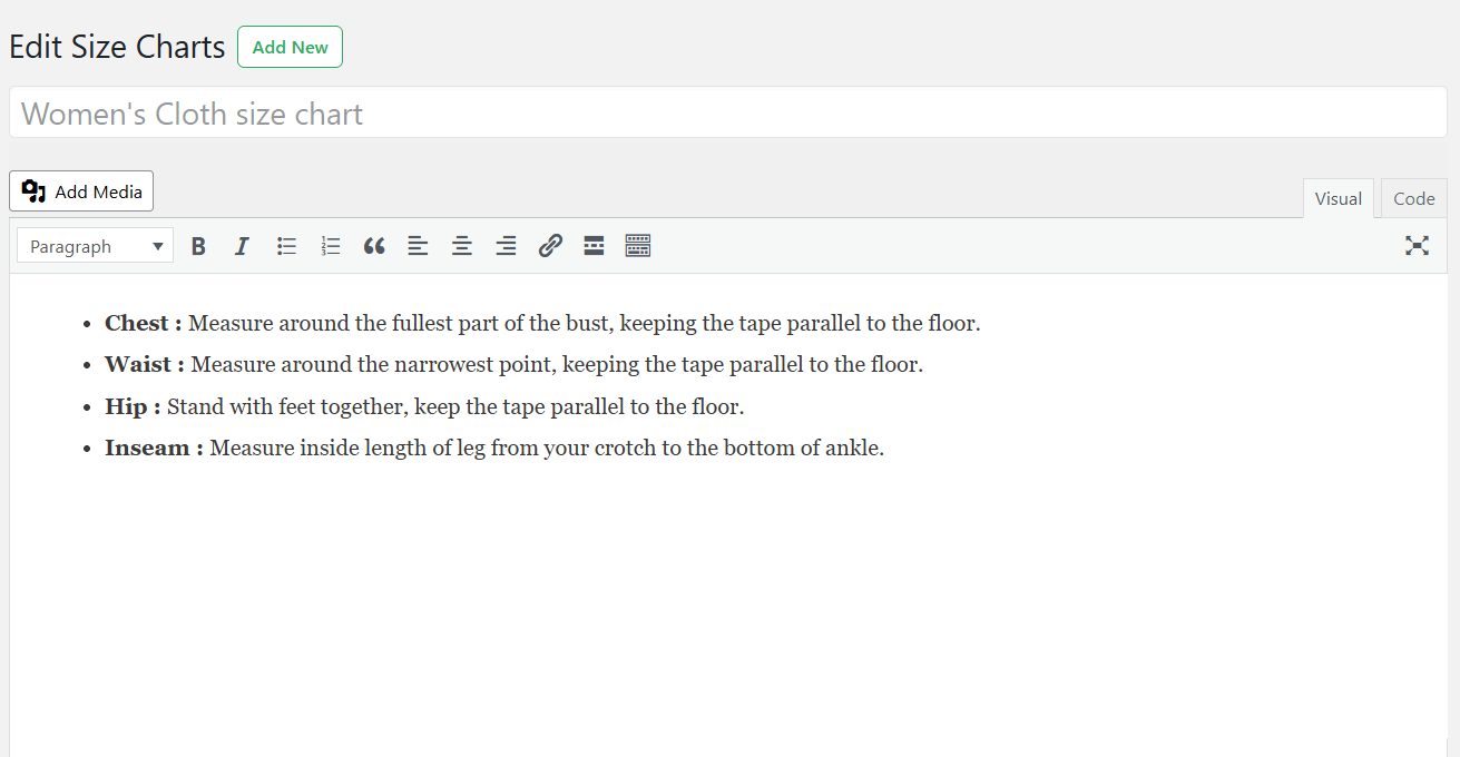 WooCommerce product size charts plugin configuration - 1