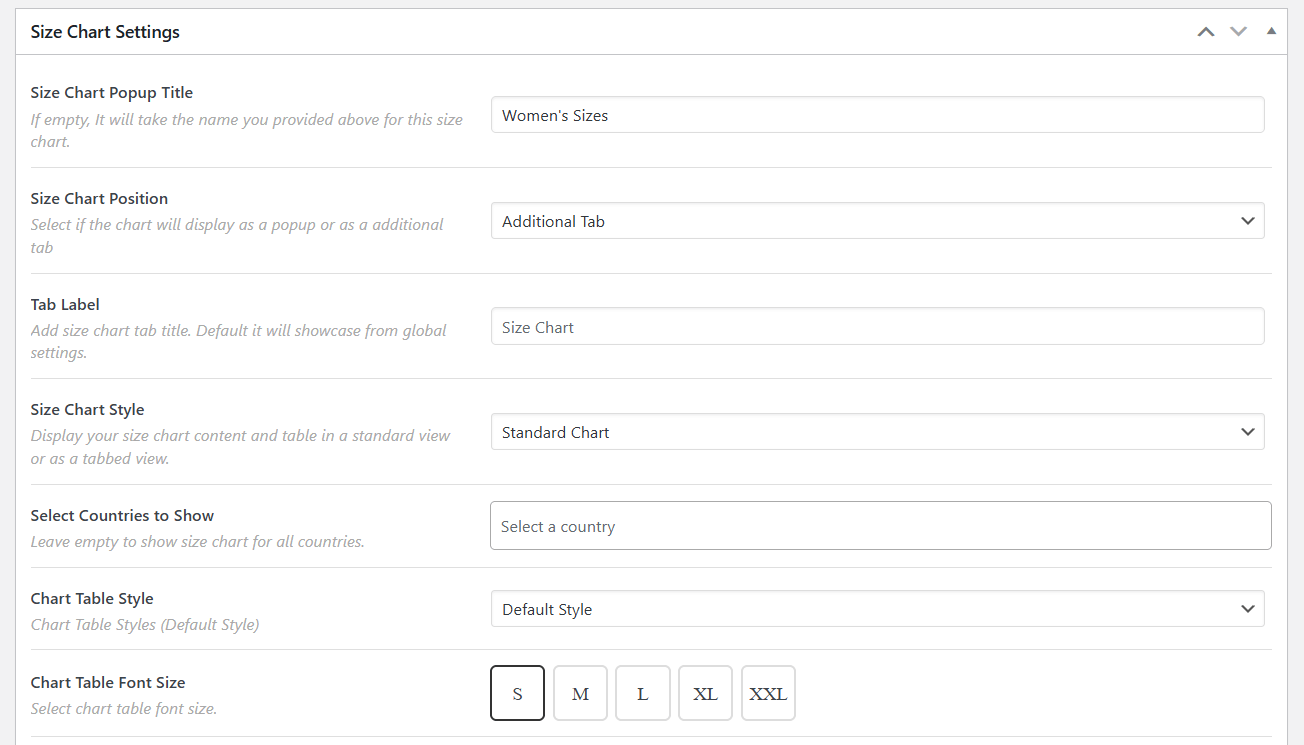 WooCommerce product size charts plugin configuration - 2