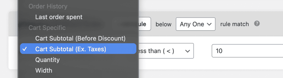 Flat rate shipping cart subtotal (excluding tax) condition