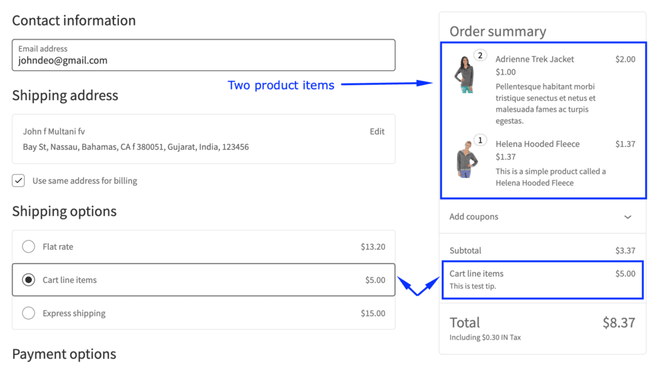 Cart line items based shipping method on cart page