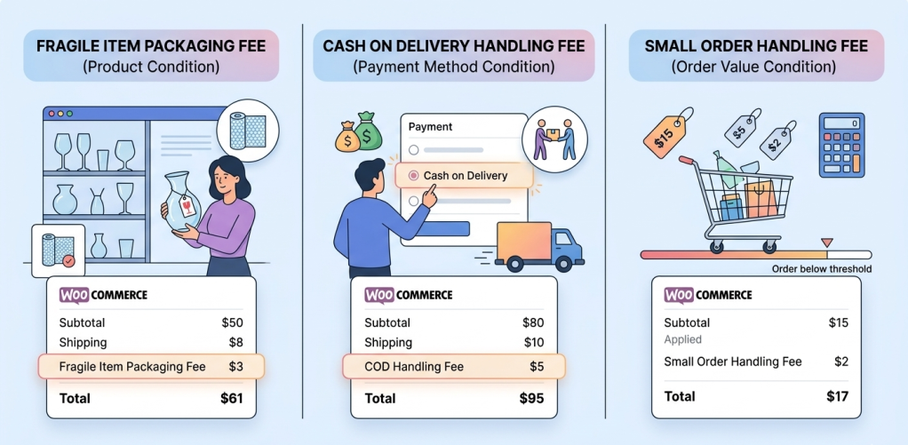 Plugins that allow fees to be added based on conditions such as payment method, products in the cart, or order value.