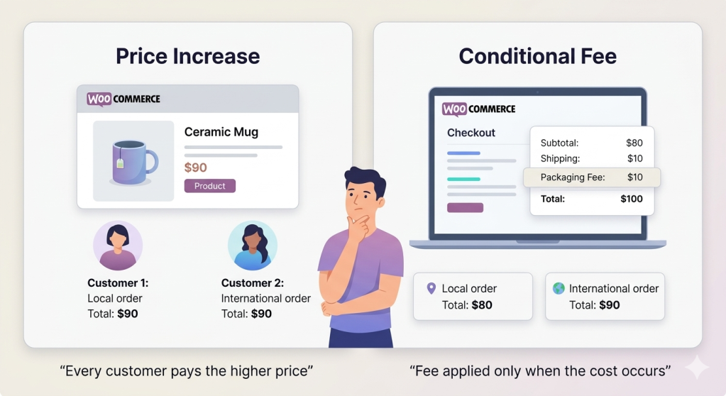 When should you add extra fee at checkout instead of raising prices in WooCommerce