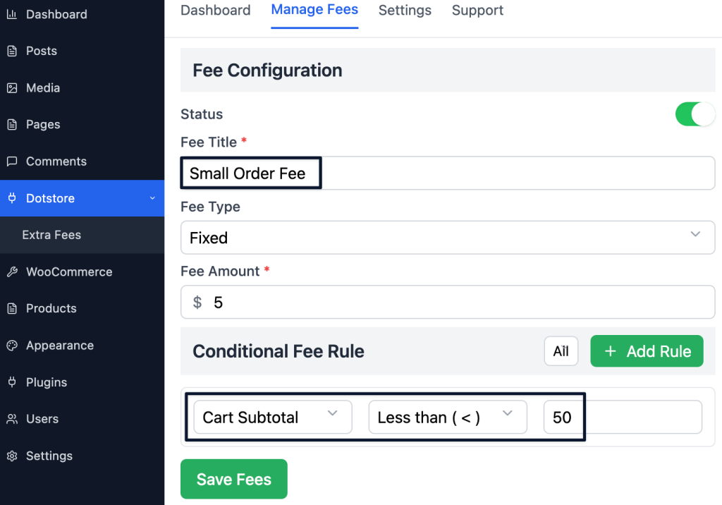 add extra fee at checkout for orders below a specific cart value