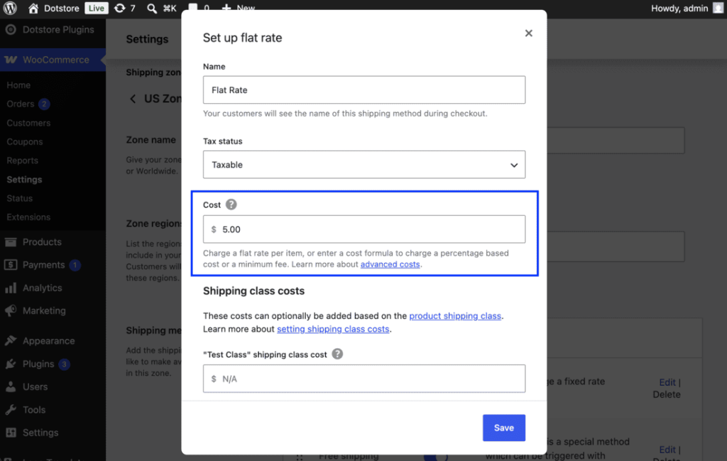 Flat Rate method with a rate set inside a WooCommerce zone