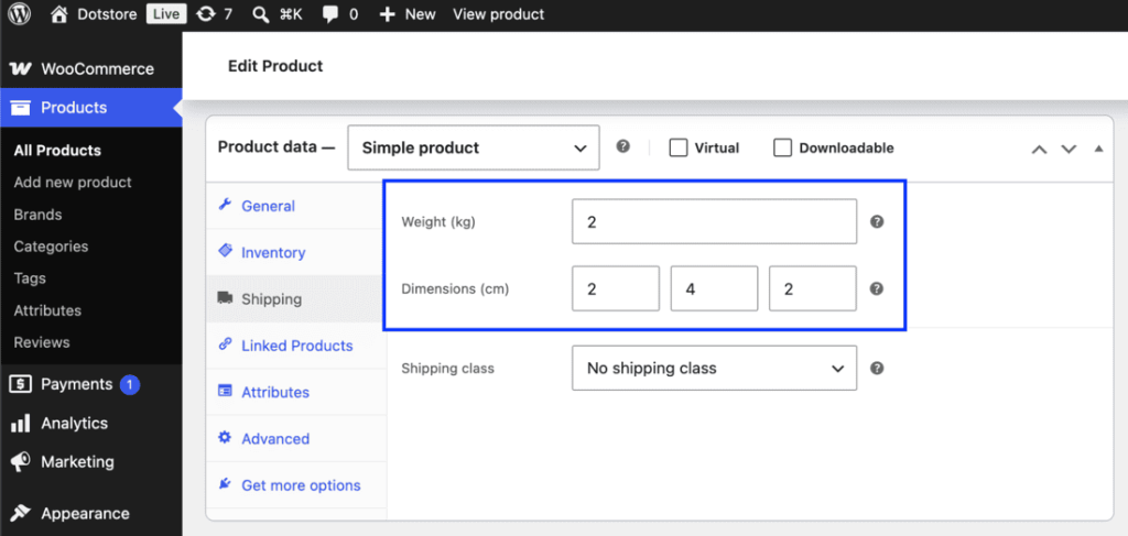 Weight and dimensions fields on a WooCommerce product