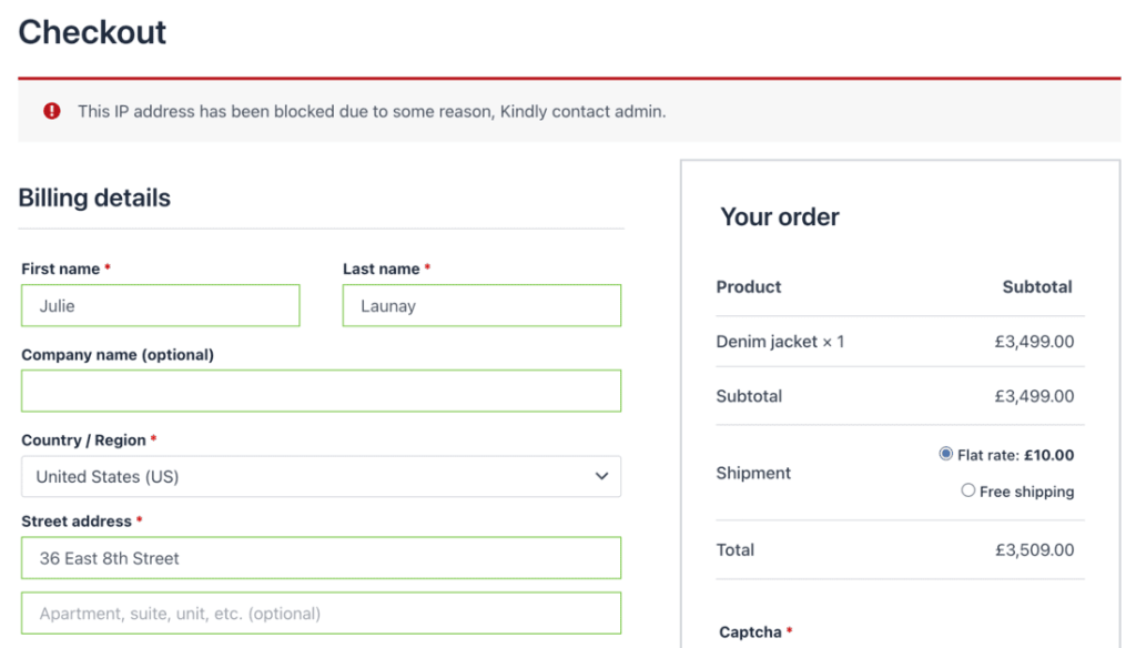 WooCommerce block IP address - checkout page