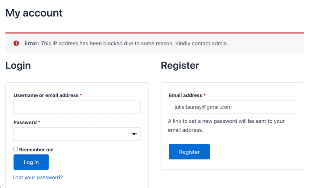 WooCommerce block IP address - registration page