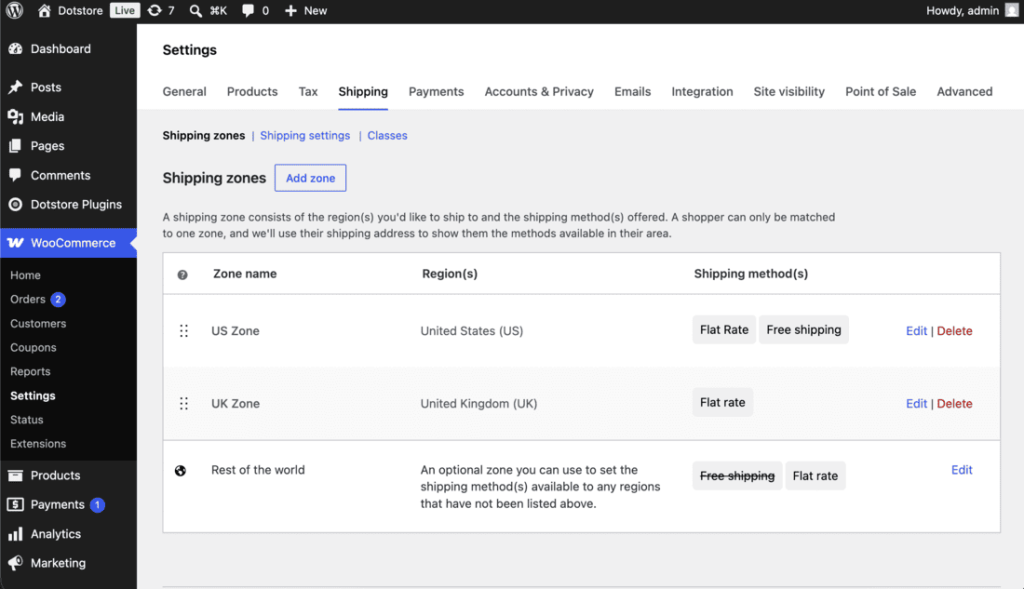 WooCommerce shipping zones list in Settings