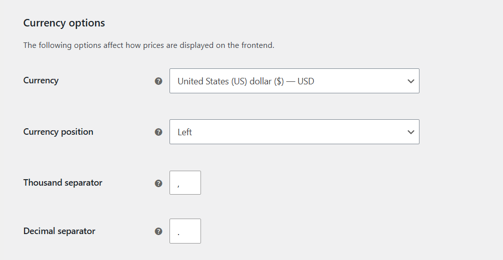 WooCommerce general settings - currency options