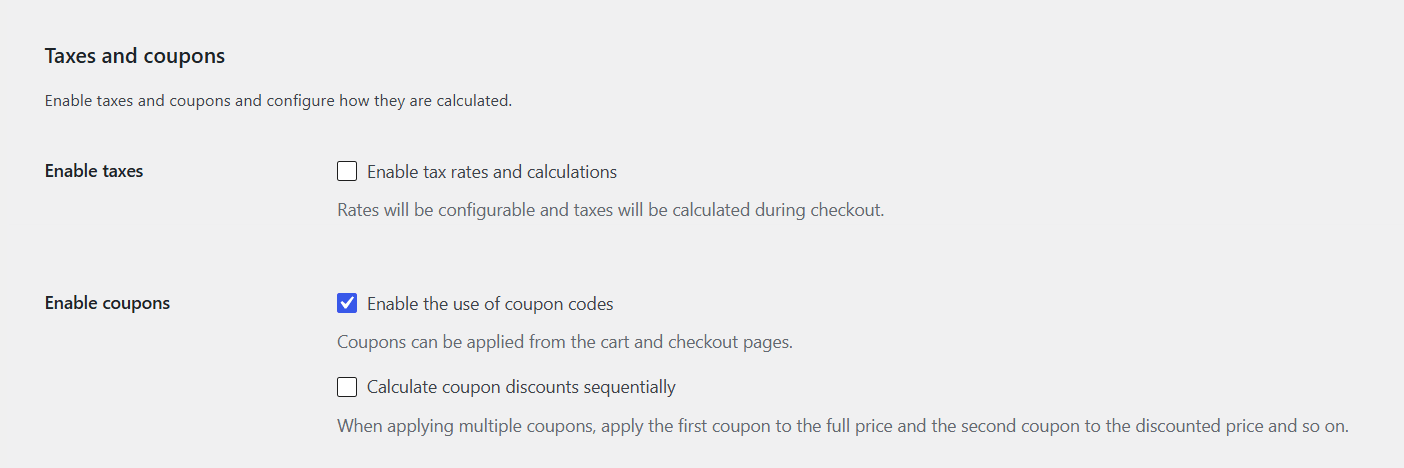 WooCommerce general settings - enable taxes and coupons