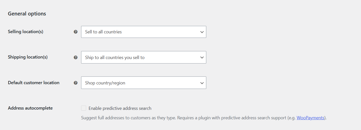 WooCommerce general settings - selling and shipping locations