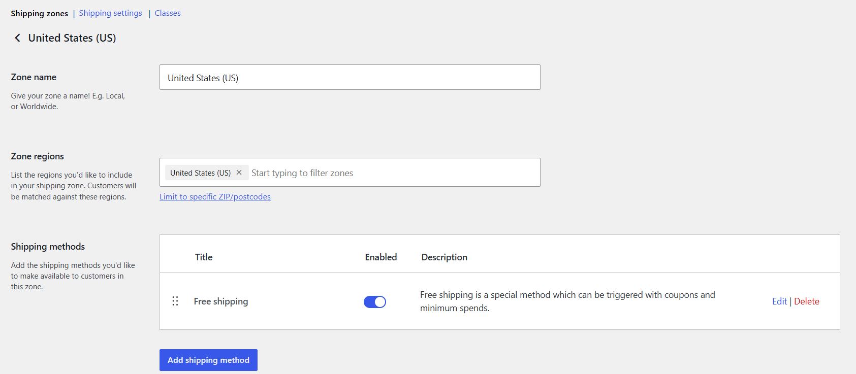 WooCommerce shipping settings - shipping methods
