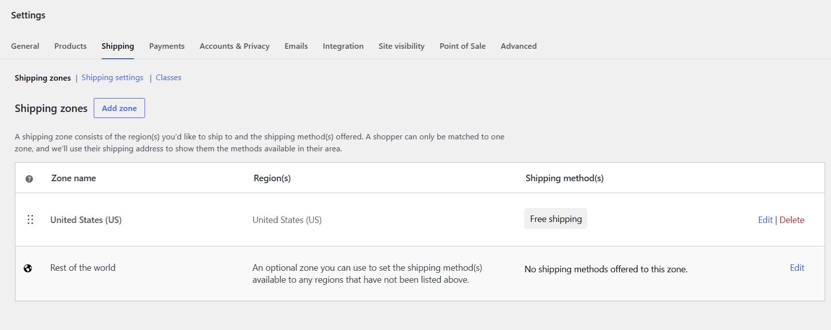 WooCommerce shipping settings - shipping zones