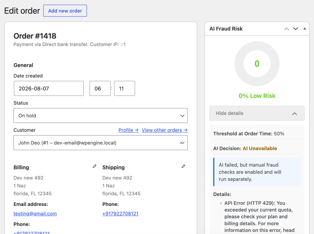 AI risk score Dotstore Fraud Prevention Plugin
