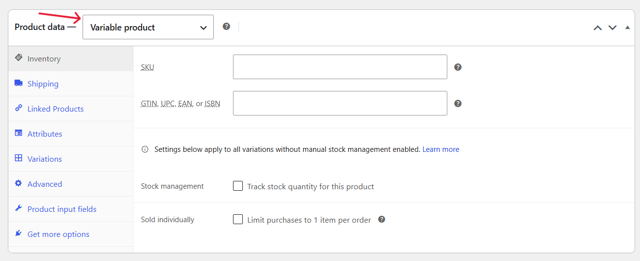 WooCommerce edit product - variable product