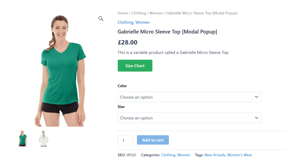 WooCommerce size chart - product page
