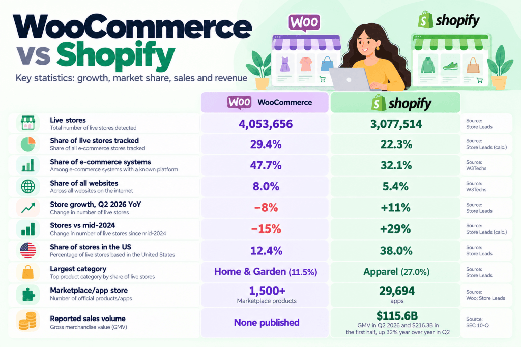 WooCommerce vs Shopify statistics - market share growth
