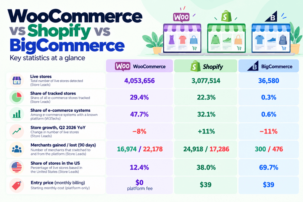 WooCommerce vs Shopify vs BigCommerce statistics