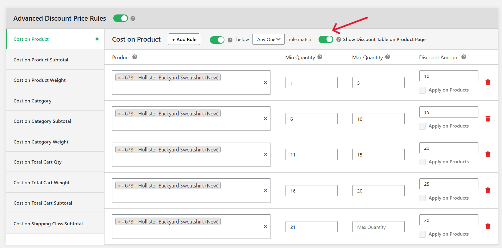 tiered pricing table for WooCommerce - plugin configuration step 5