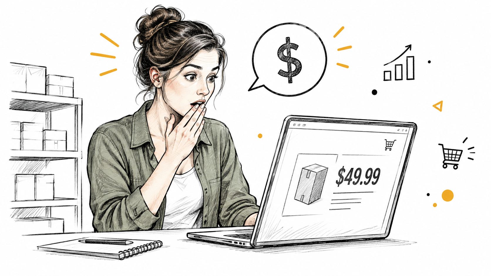 A woman looks surprised while viewing an online shop product page featuring a package price of $49.99.