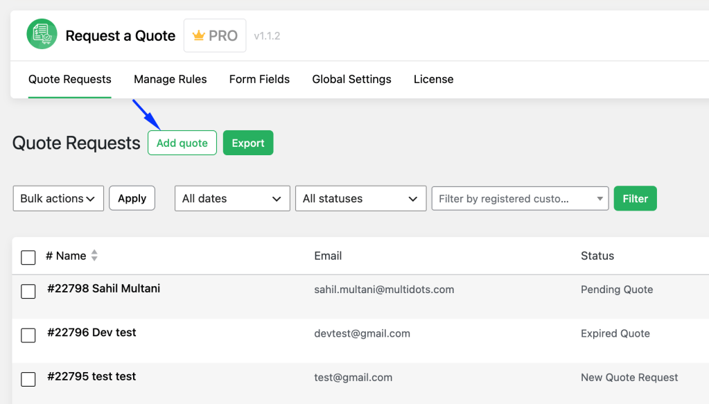 Add quote button used to create a quote for a customer in WooCommerce