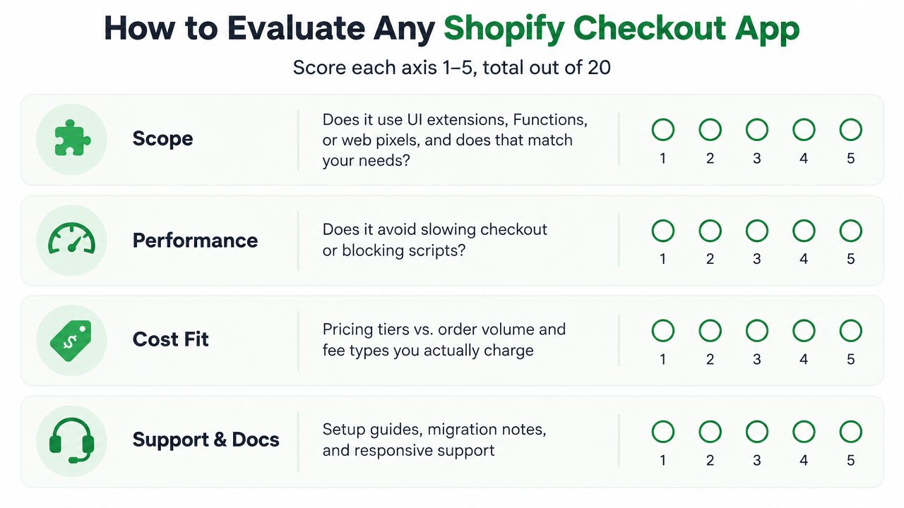 A scorecard guide for evaluating Shopify checkout apps based on scope, performance, cost fit, and support.