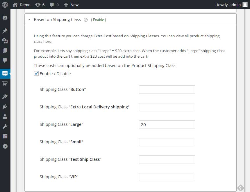 Extra fee based on the shipping class