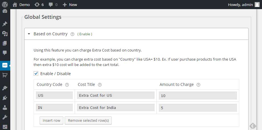 Extra fee based on the country