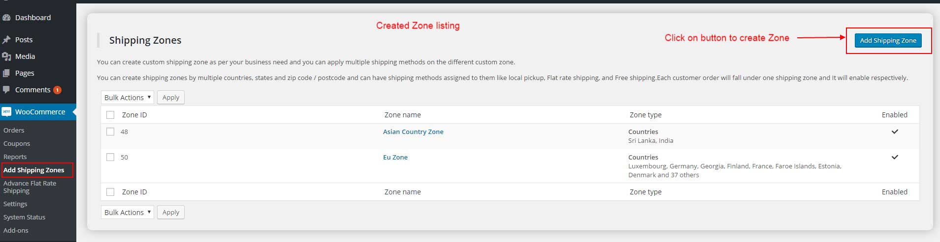 Adding New Custom Flat Rates With Zones in WooCommerce 2.6 1 Create New Shipping Zone Step 1