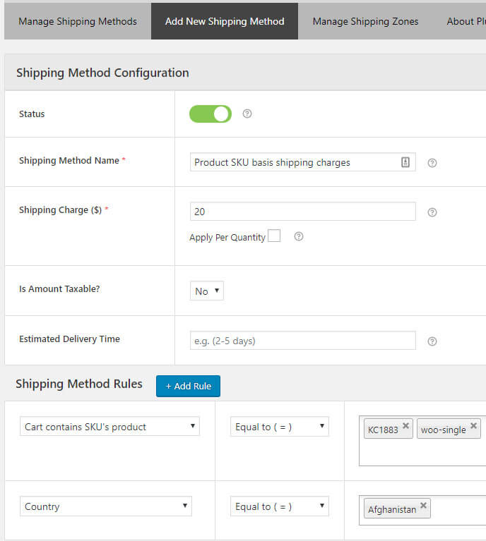 woocommerce flat rate shipping based on product sku country