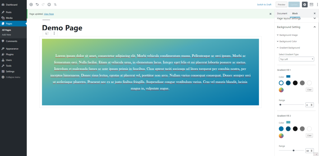 Add a text block with Color Gradient to a page