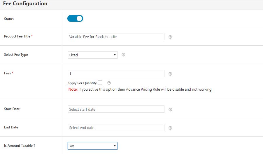 Fee Configuration Form - Creating a method for Charging Variable Product Based Fee in WooCommerce