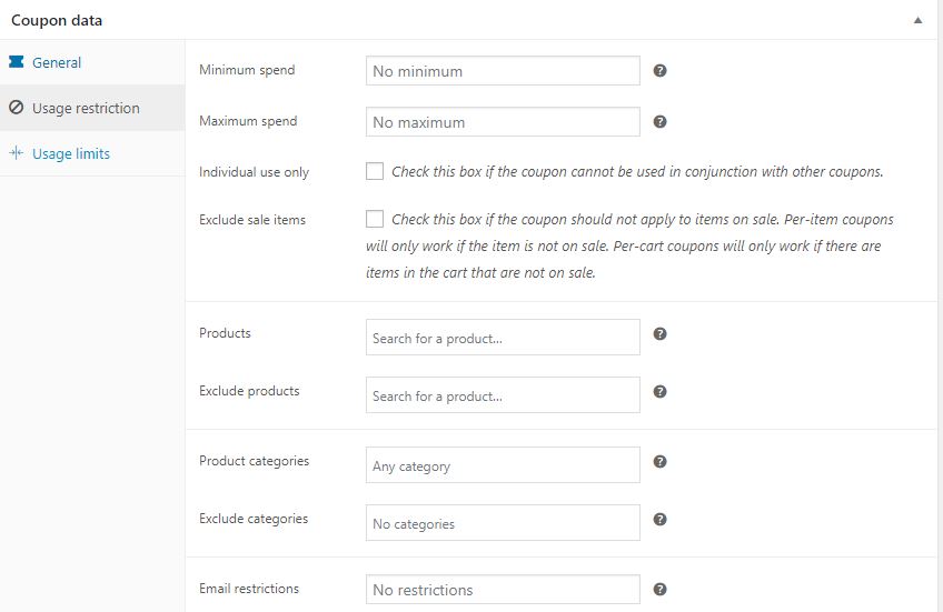 Creating Coupon-based and Direct Discounts in WooCommerce – A Comprehensive Guide 3 Figure 3 :– Adding Usage Restrictions for a Discount Coupon in WooCommerce using the default method
