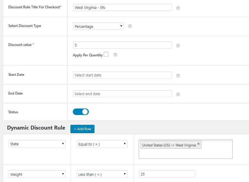 How to Enable Discounts & Coupons in your WooCommerce Store? 11 Figure 11 - Case 3 – 5% Discount when West Virginian Buyer orders product weighing less than 25 kg