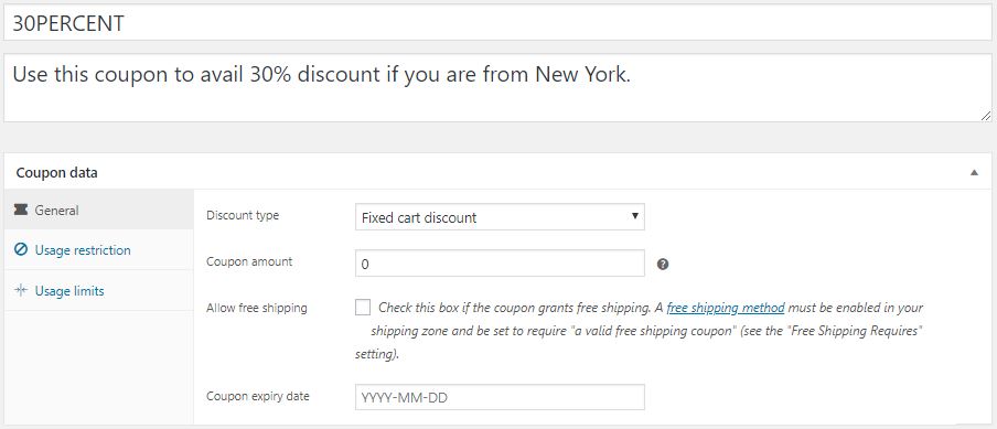 Figure 2 - Creating a Coupon with Discount Value as Zero, in order to add advanced features in it.